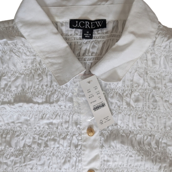 J.Crew White Smocked Cotton Voile Button Up Shirt NWT Size M Short Sleeve - Picture 9 of 9